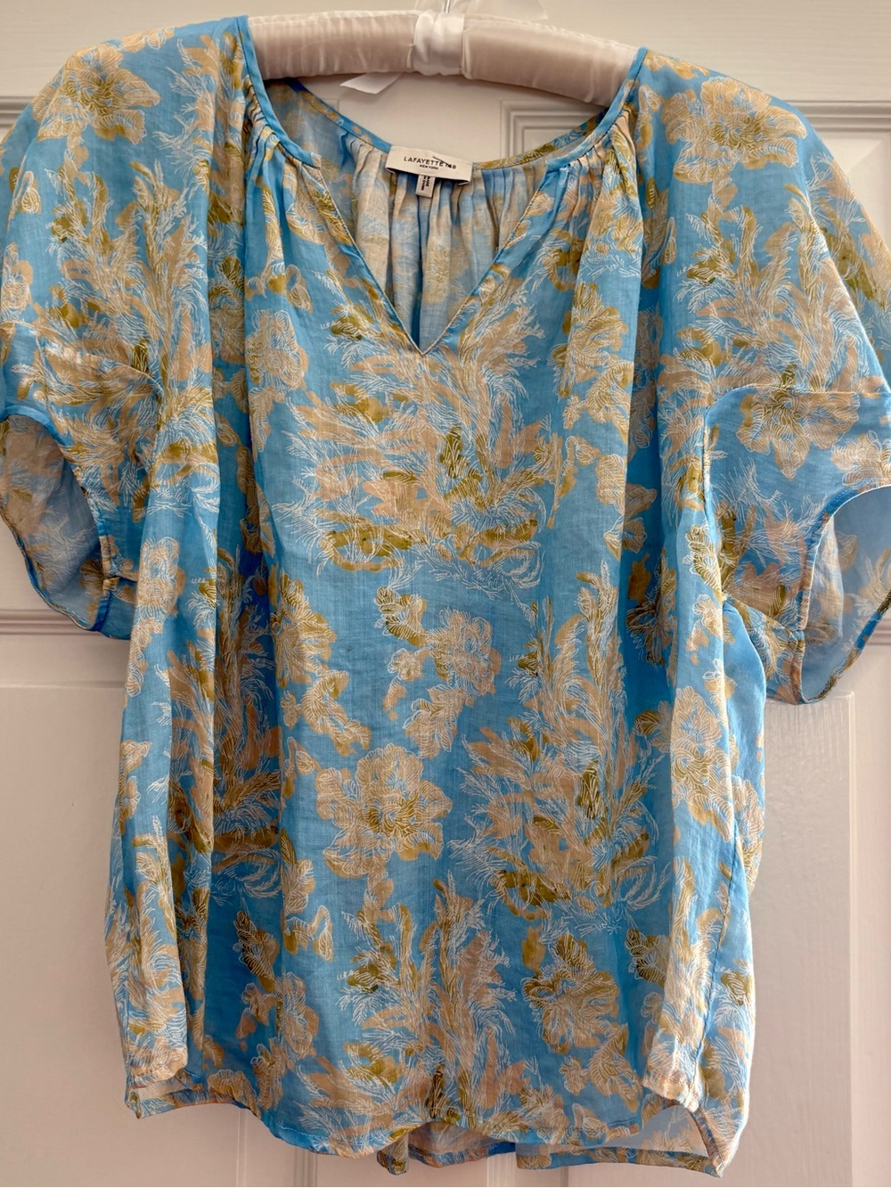 Lafayette 148 New York Blue Floral V-Neck Short Sleeve Blouse